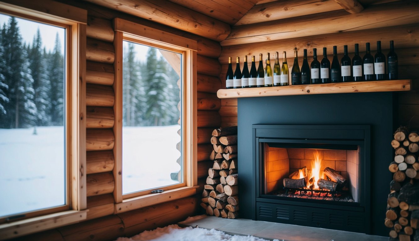 A cozy log cabin nestled in a snow-covered forest, with a warm fire crackling in the fireplace and shelves lined with bottles of wine from local Alaskan vineyards