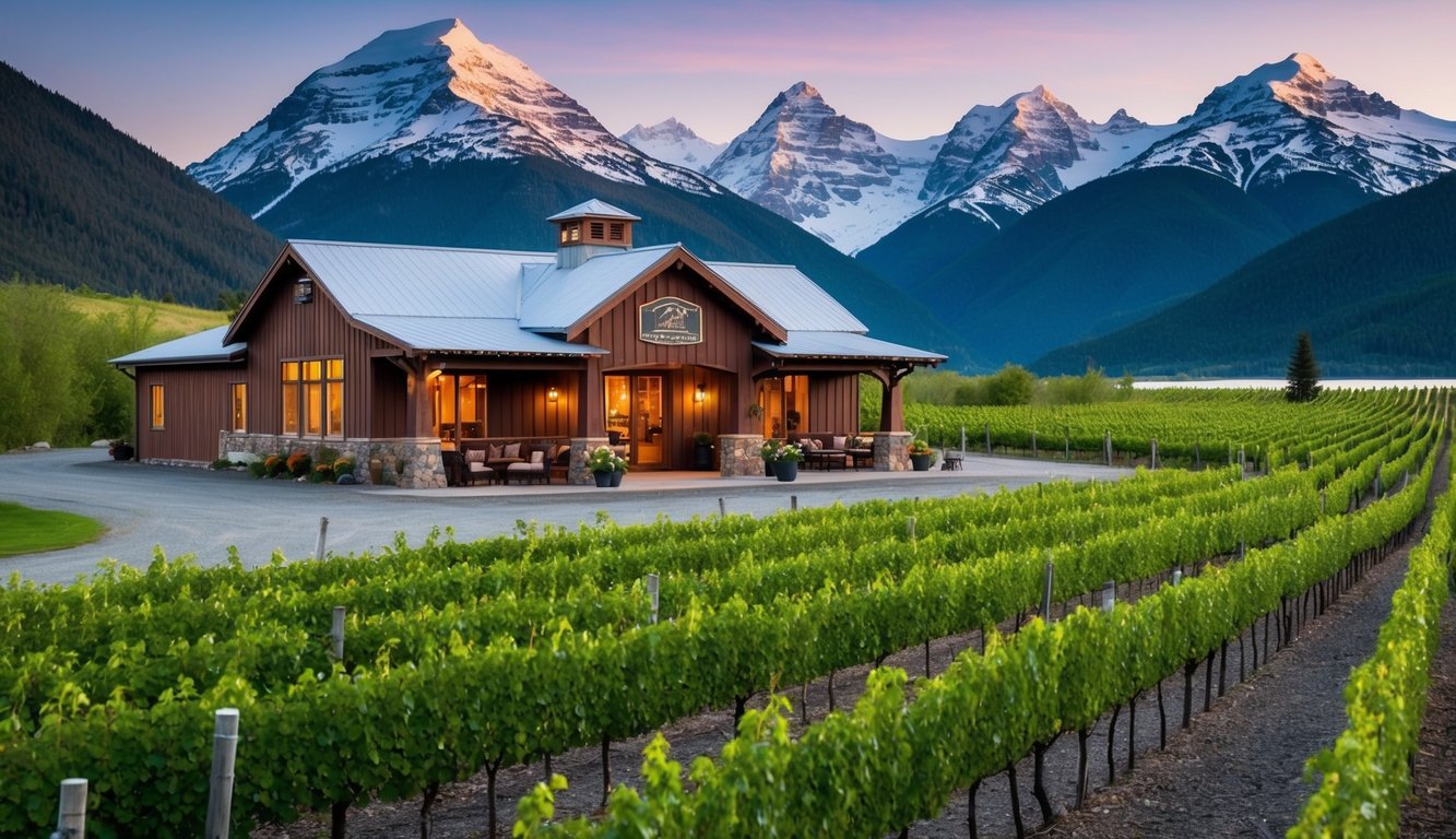 A cozy winery nestled in the Alaskan wilderness, surrounded by snow-capped mountains and lush greenery. A rustic building with a warm, inviting atmosphere, and rows of grapevines stretching into the distance