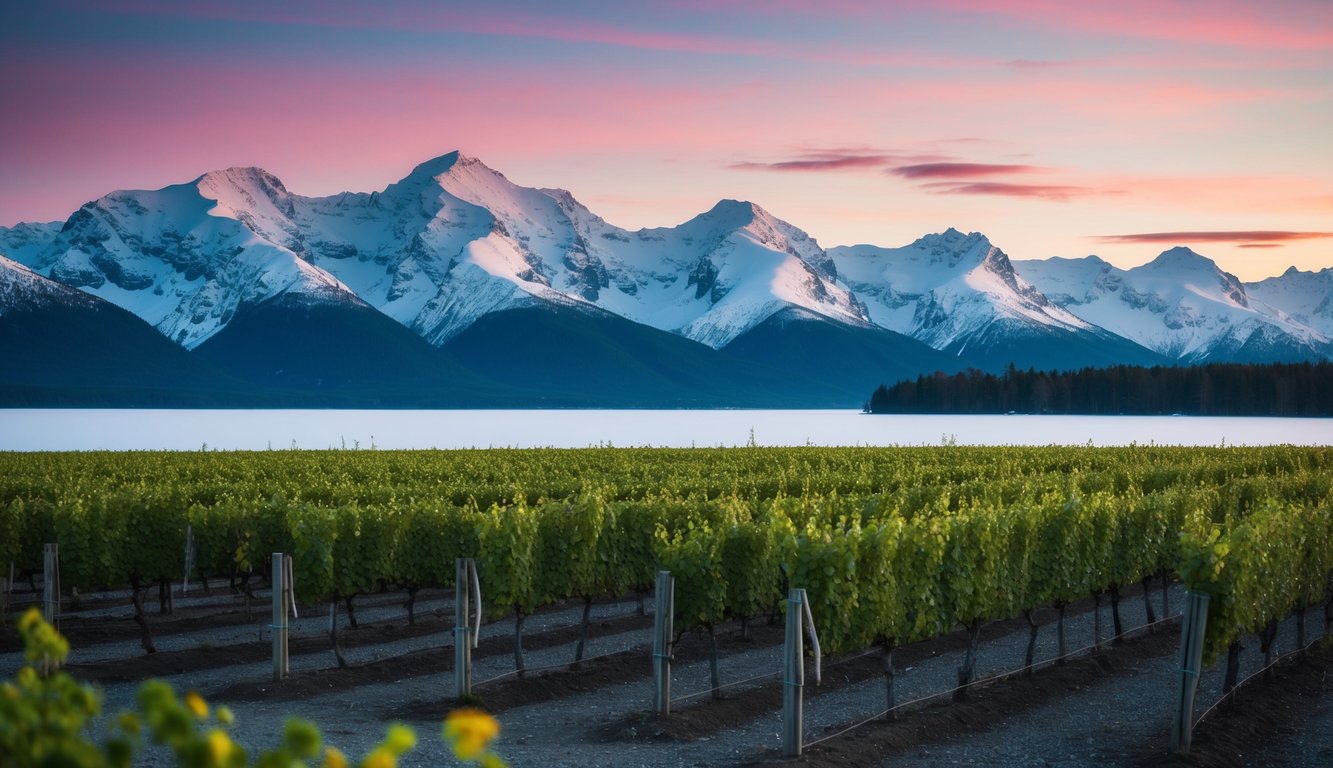 Lush vineyards set against snow-capped mountains under the midnight sun in Alaska