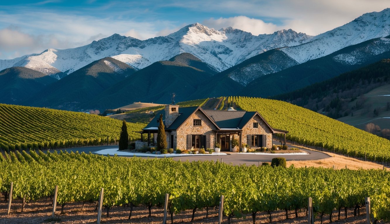 Rolling hills covered in vineyards, surrounded by snow-capped mountains. A cozy winery with a rustic charm overlooks the breathtaking landscape