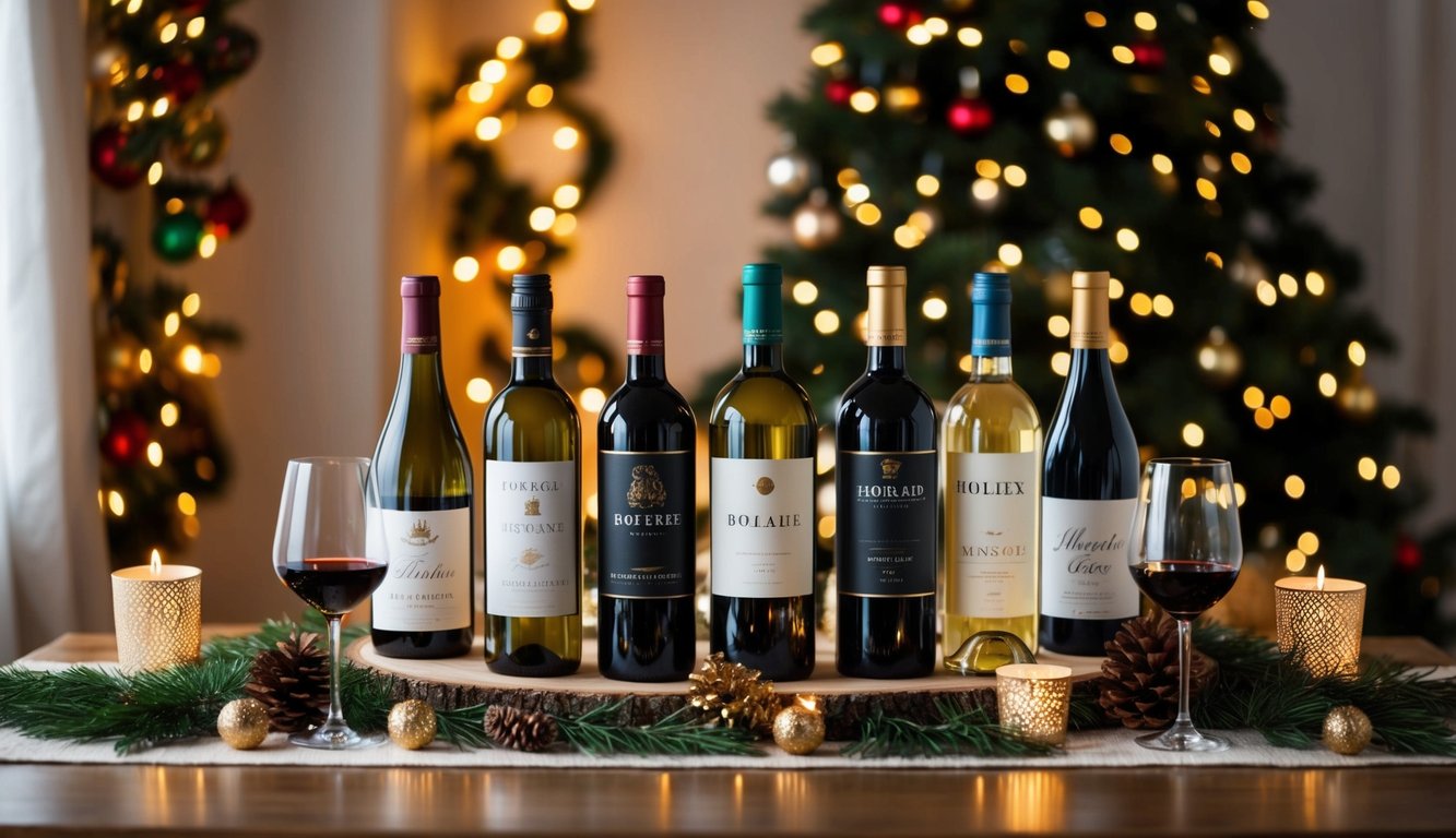 A cozy holiday table with assorted affordable wines, surrounded by festive decorations and twinkling lights