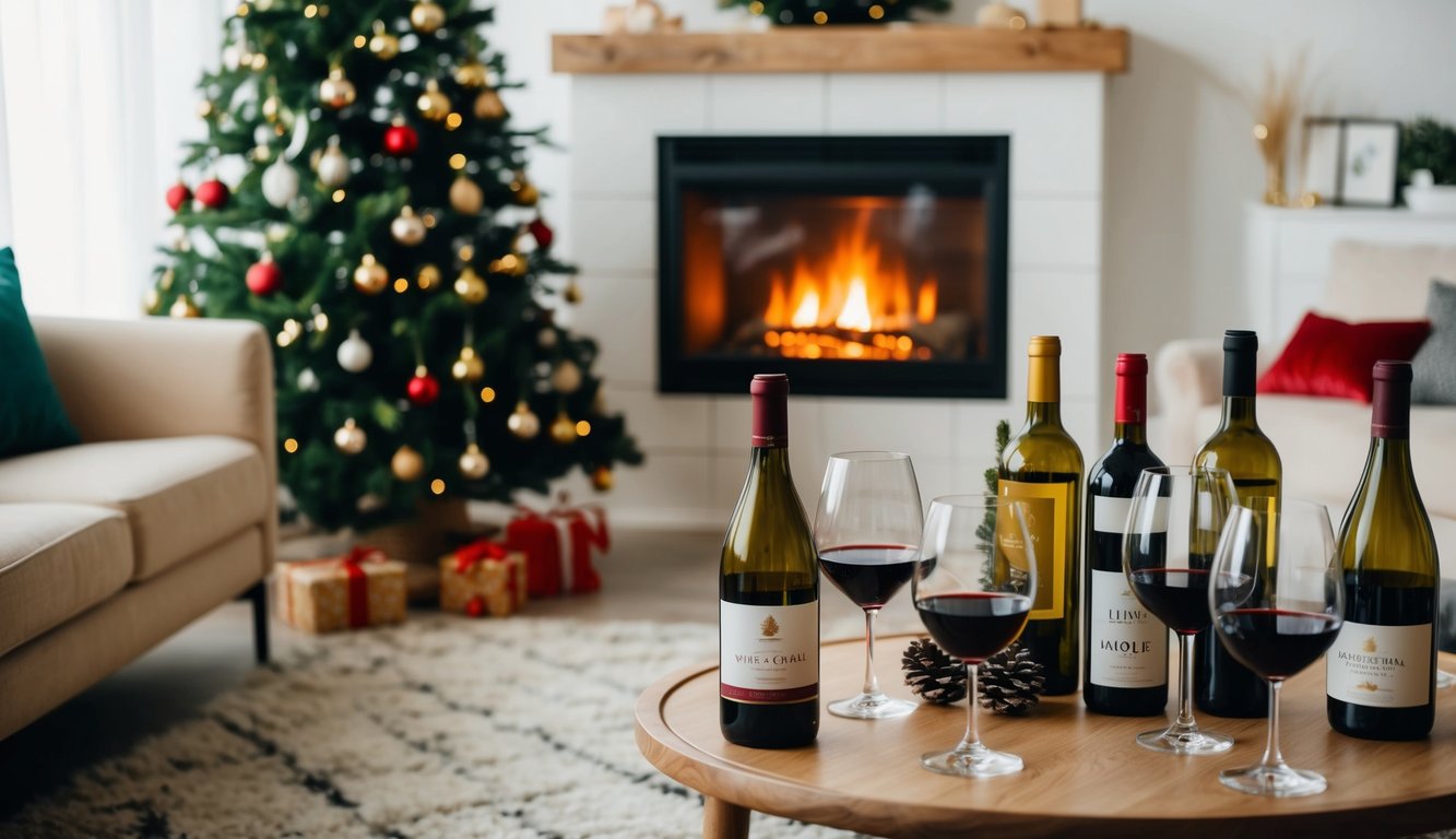 A cozy living room with a crackling fireplace, a festive Christmas tree, and a table adorned with an assortment of affordable wine bottles and glasses