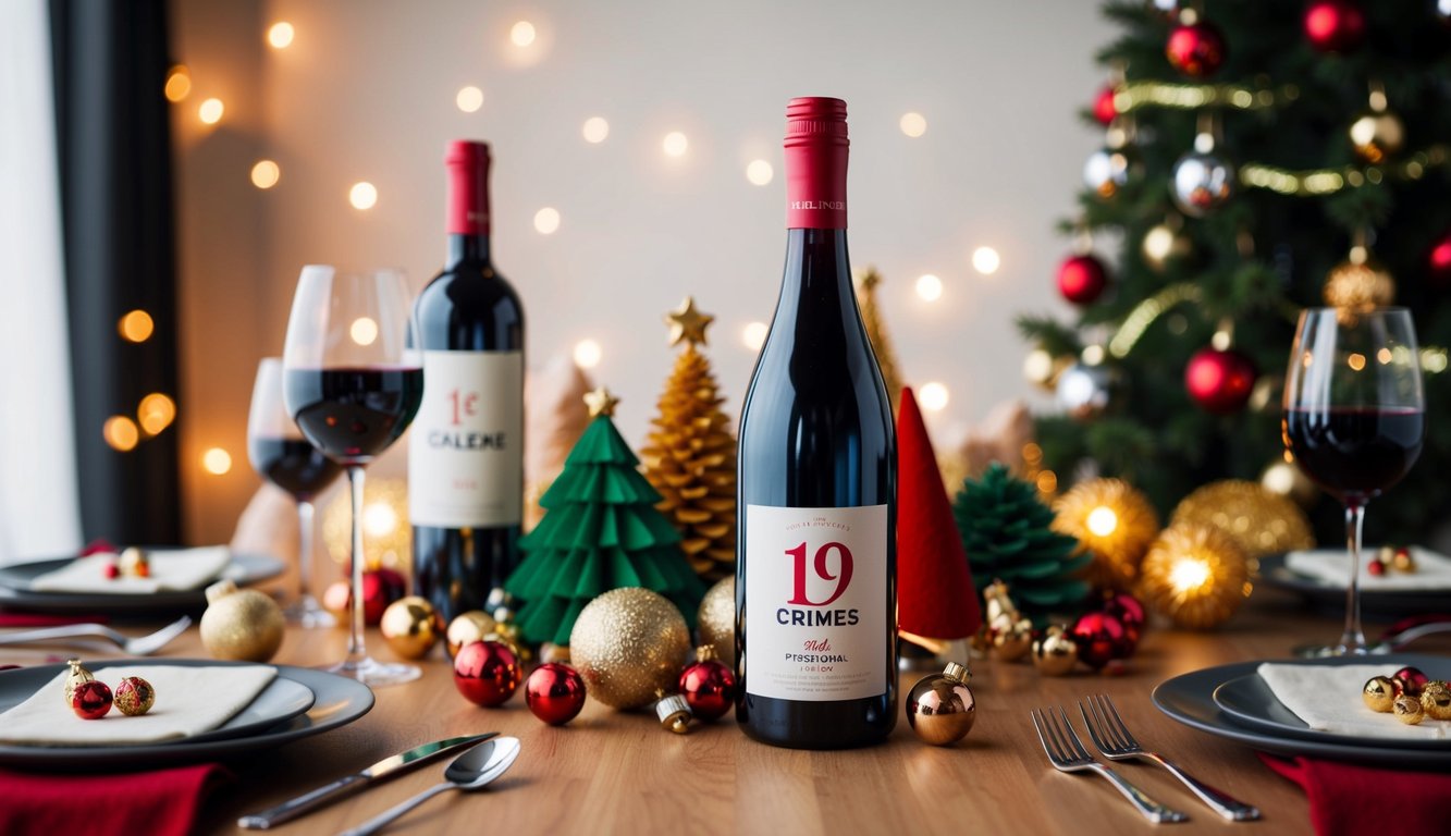 A festive table setting with a bottle of 19 Crimes Red Wine, surrounded by Christmas decorations and other affordable wine options