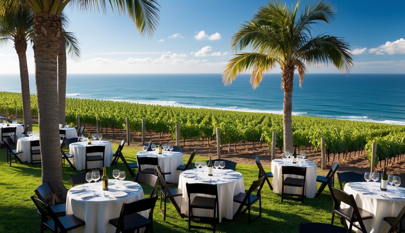 Vineyard overlooking the ocean, palm trees sway in the breeze. Tasting tables set up with wine bottles and glasses. Sunshine and blue skies