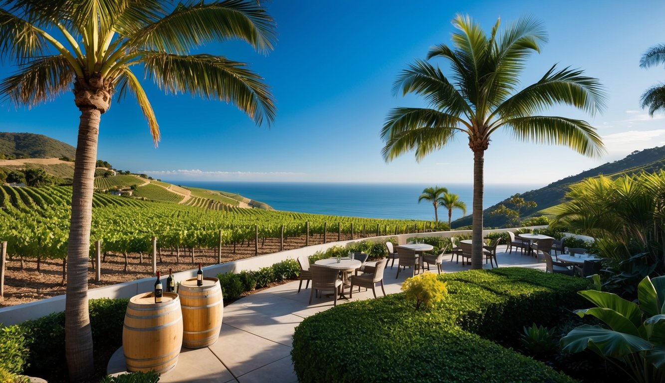 Lush vineyards with rolling hills, palm trees, and a clear blue sky, overlooking the ocean. A wine tasting area with wooden barrels and a cozy outdoor seating area surrounded by tropical flora