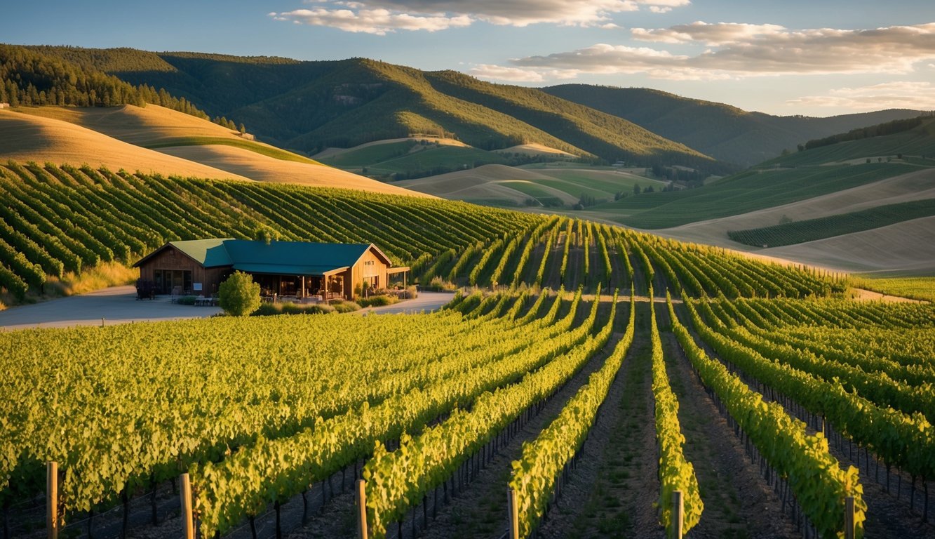 Rolling hills of vineyards in the Idaho countryside, with rows of grapevines stretching into the distance. A rustic winery sits nestled among the vines, offering tours and tastings