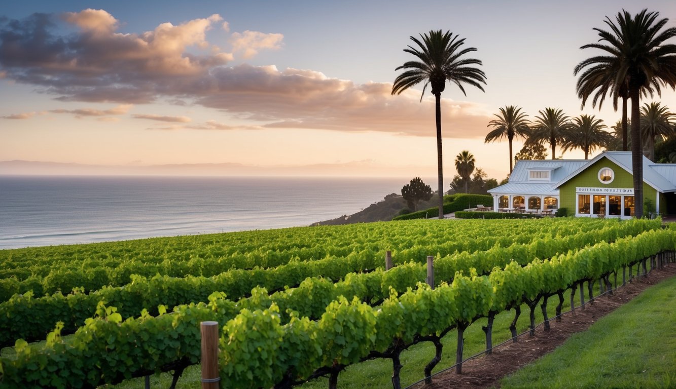 Vineyard overlooking the Pacific Ocean, with rows of lush grapevines and a charming tasting room nestled among palm trees