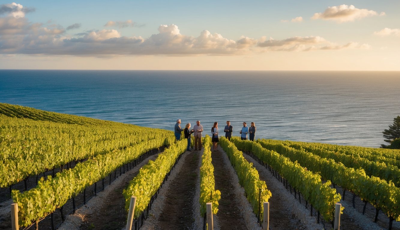 Vineyard overlooking the ocean, with rows of grapevines, a sunny sky, and a tour group sampling wine