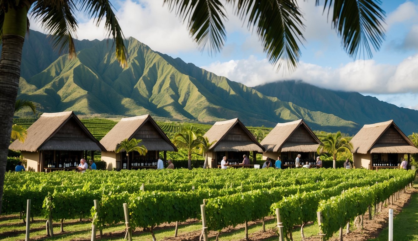 Vineyards nestled among lush green mountains, with traditional Hawaiian hale (thatched houses) serving as tasting rooms. Palm trees sway in the warm breeze as visitors sample local wines