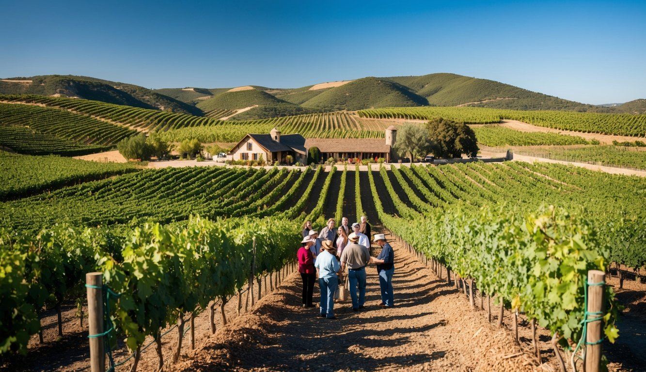 Rolling hills of grapevines under a clear blue sky, with a rustic winery nestled among the vines. A tour group explores the vineyard, sampling wines and enjoying the scenic views