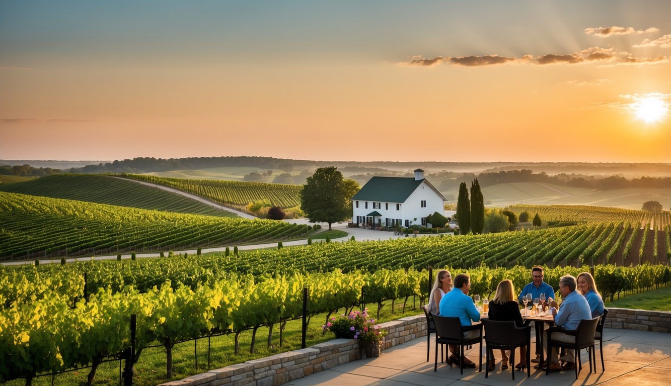 Rolling hills of vineyards under a warm Illinois sun, with a quaint winery in the distance. A group of visitors enjoys a tasting on a patio overlooking the picturesque landscape