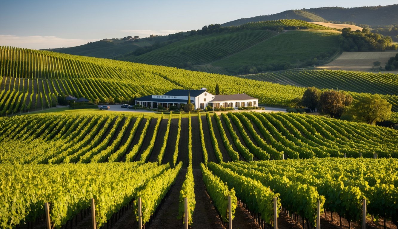 Rolling hills covered in vineyards, with rows of grapevines stretching into the distance. A winery nestled among the greenery offers wine tours to visitors