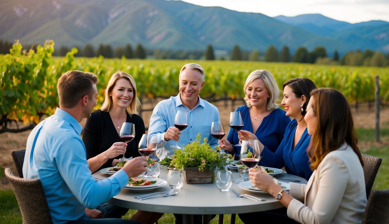 A group of people gather around a table, swirling glasses of wine in hand, as they engage in a wine tasting experience at a picturesque vineyard in Idaho