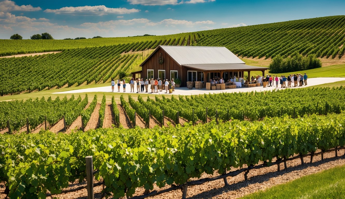 Rolling vineyard hills with rows of grapevines, a rustic winery building, and a group of visitors enjoying a wine tour in Illinois