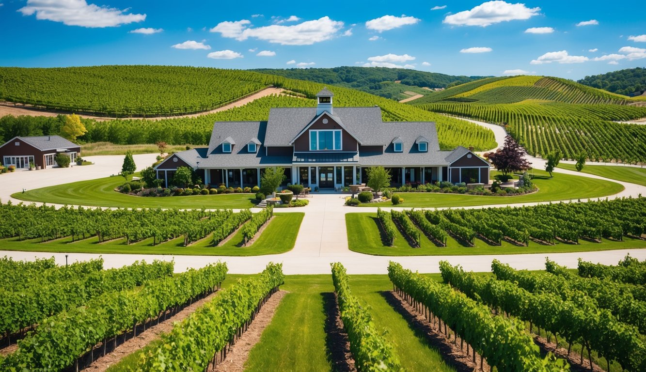 Rolling hills and lush vineyards surround a charming winery in Illinois. A sunny blue sky and a welcoming atmosphere invite visitors to enjoy wine tours