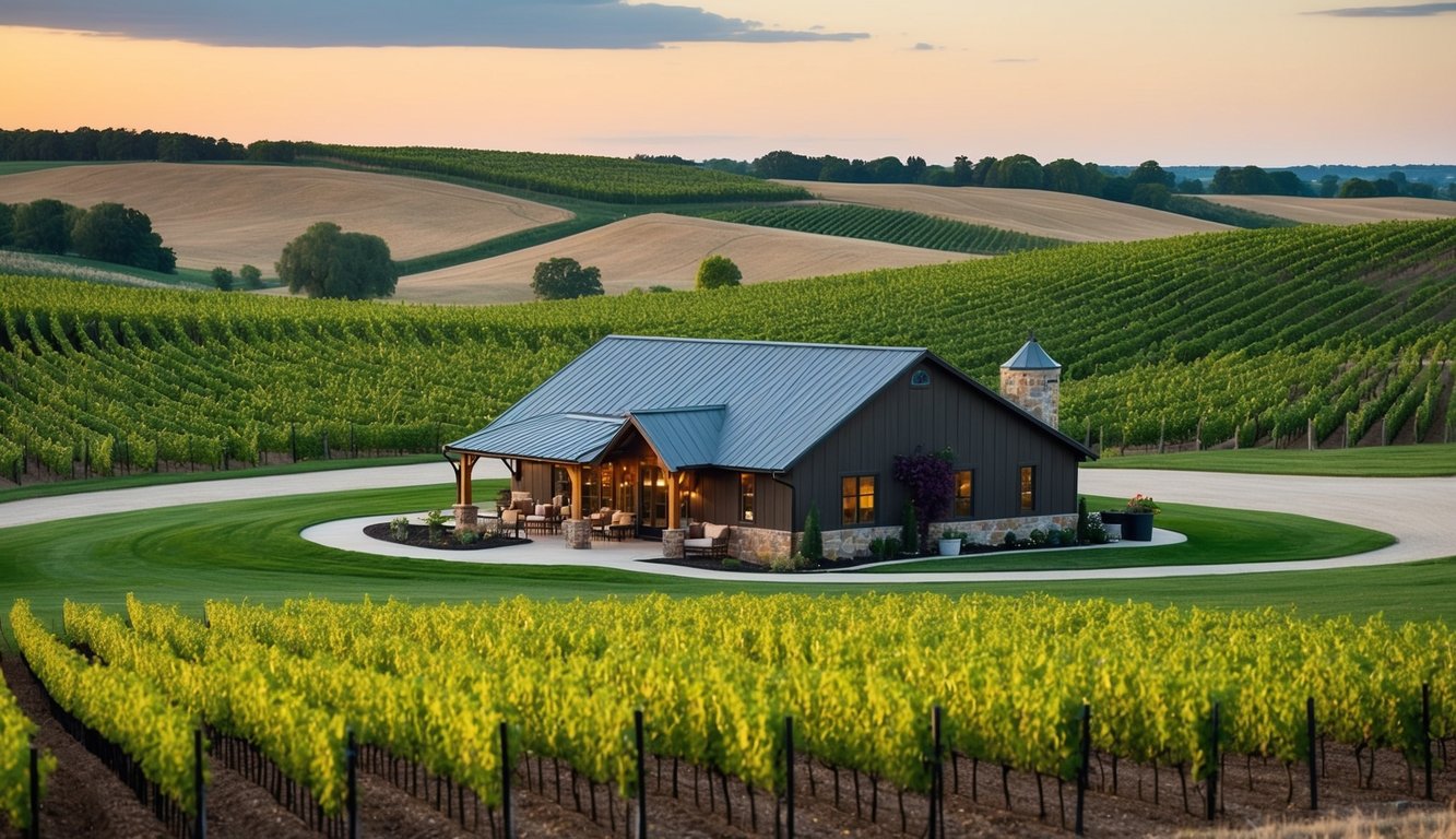 Rolling hills of vineyards, a rustic winery, and a cozy tasting room nestled in the Iowa countryside