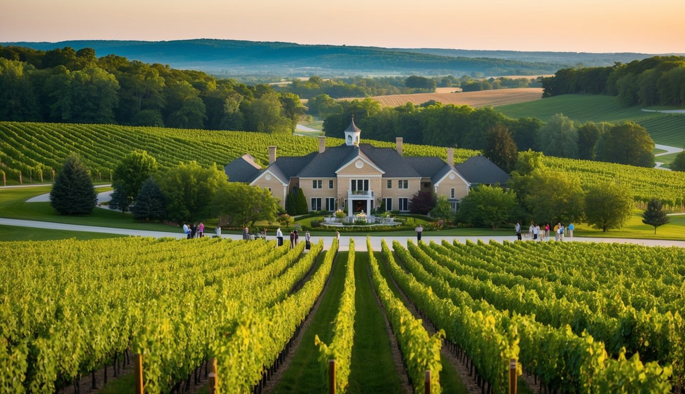 Lush vineyards stretch across rolling hills, leading to a grand estate winery in Indiana. Tour groups sample wine and stroll through the picturesque grounds