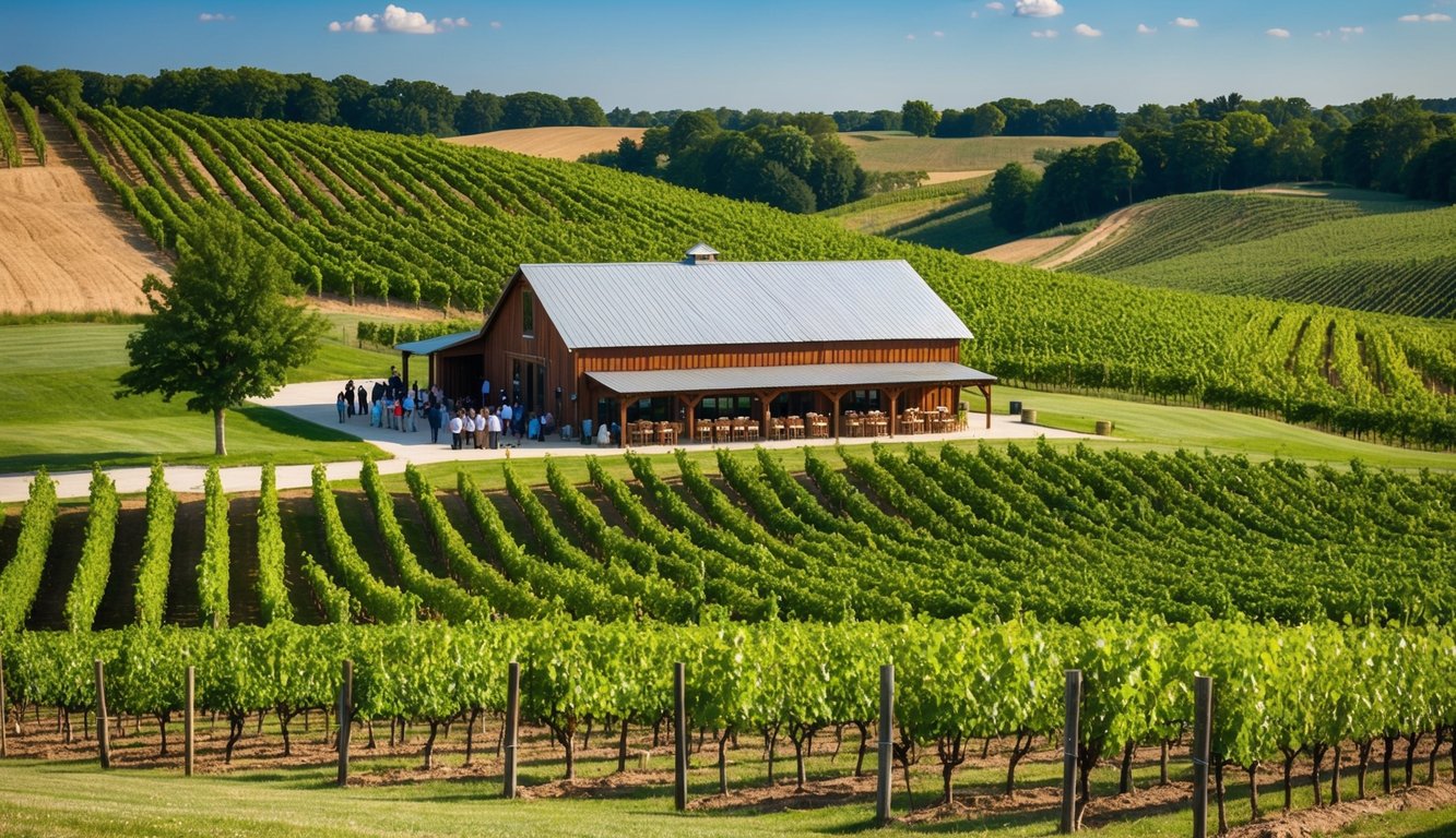 Rolling vineyard hills with rows of grapevines, a rustic winery building, and a tour group sampling wines in Illinois