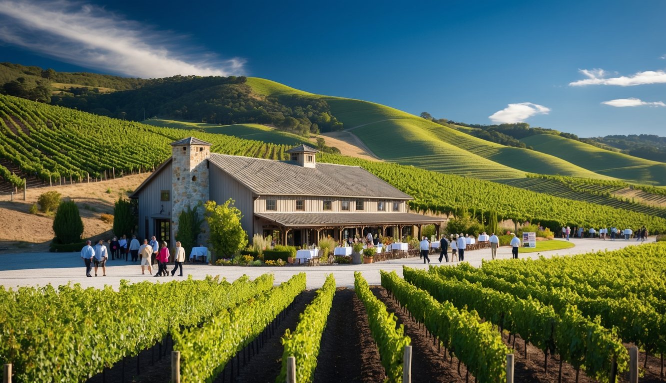 Rolling hills, lush vineyards, and a rustic winery building set against a blue sky. Visitors stroll through the grounds, enjoying wine tastings and guided tours