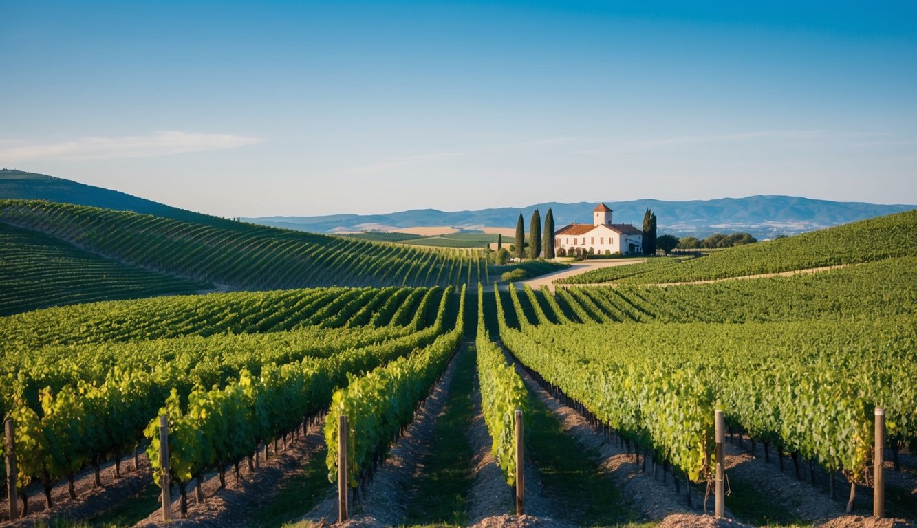 Rolling hills of vineyards under a clear blue sky, with rows of grapevines and a charming winery in the distance