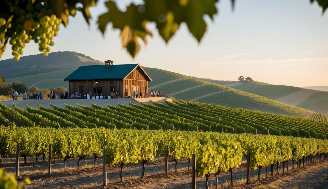 Rolling vineyard hills with rows of grapevines, a rustic winery building, and a group of people enjoying a wine tasting