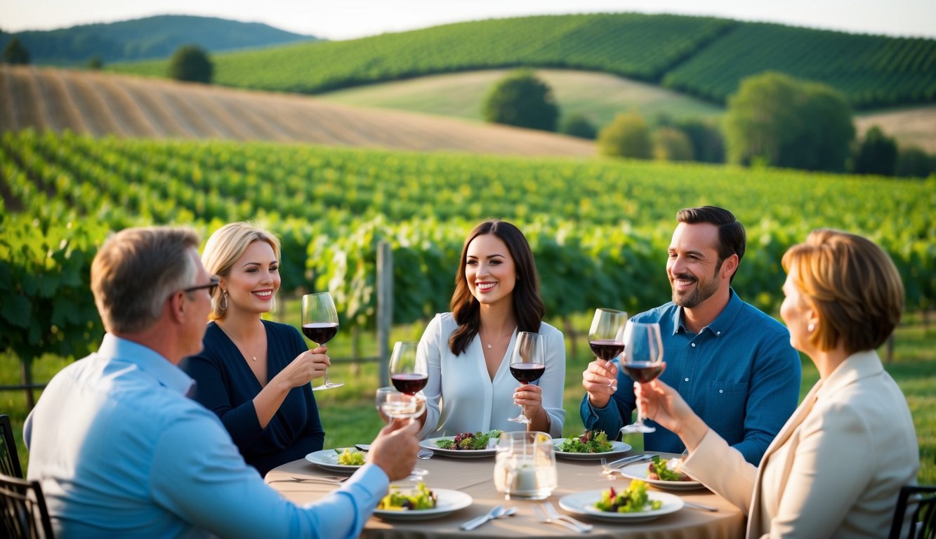 A group of people enjoying a wine tasting at a vineyard, surrounded by lush green vineyards and rolling hills in Illinois