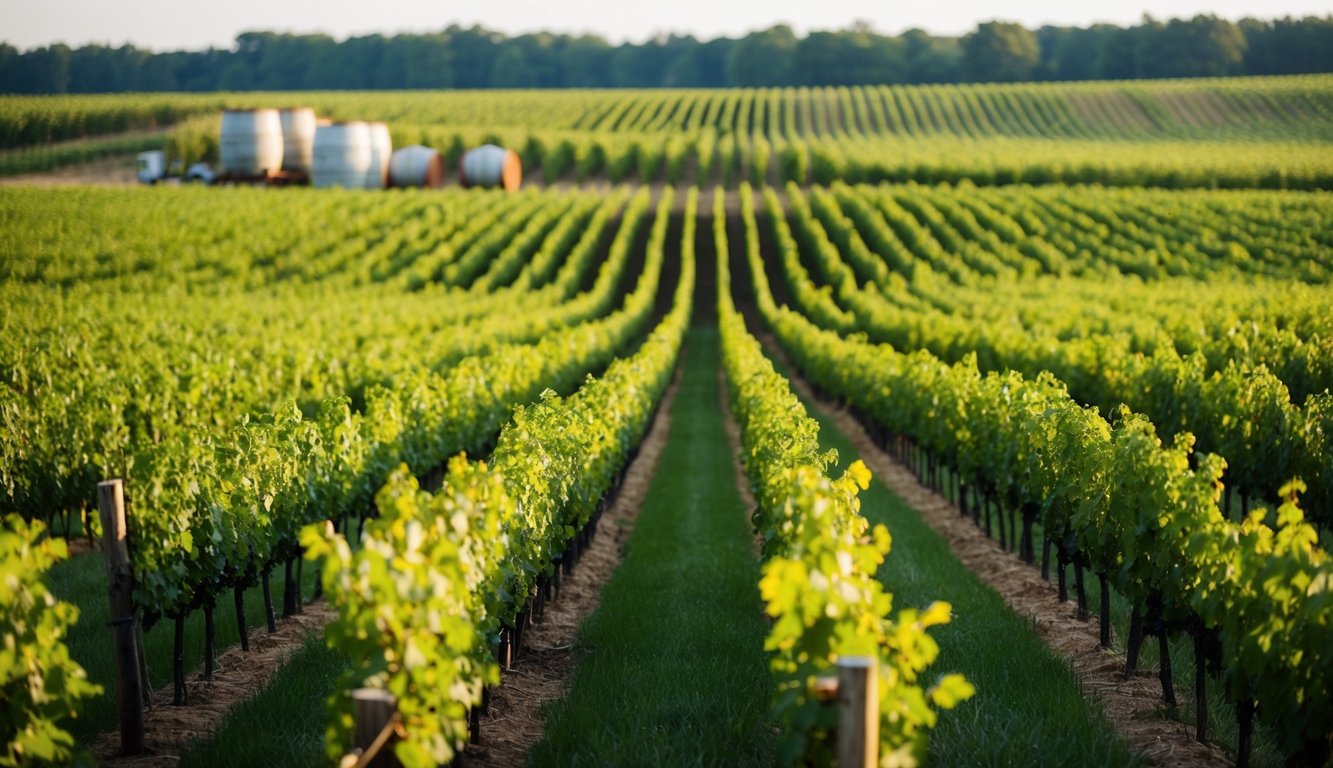 Lush vineyards in Indiana, rows of grapevines stretching into the distance, with winemaking equipment and barrels in the background