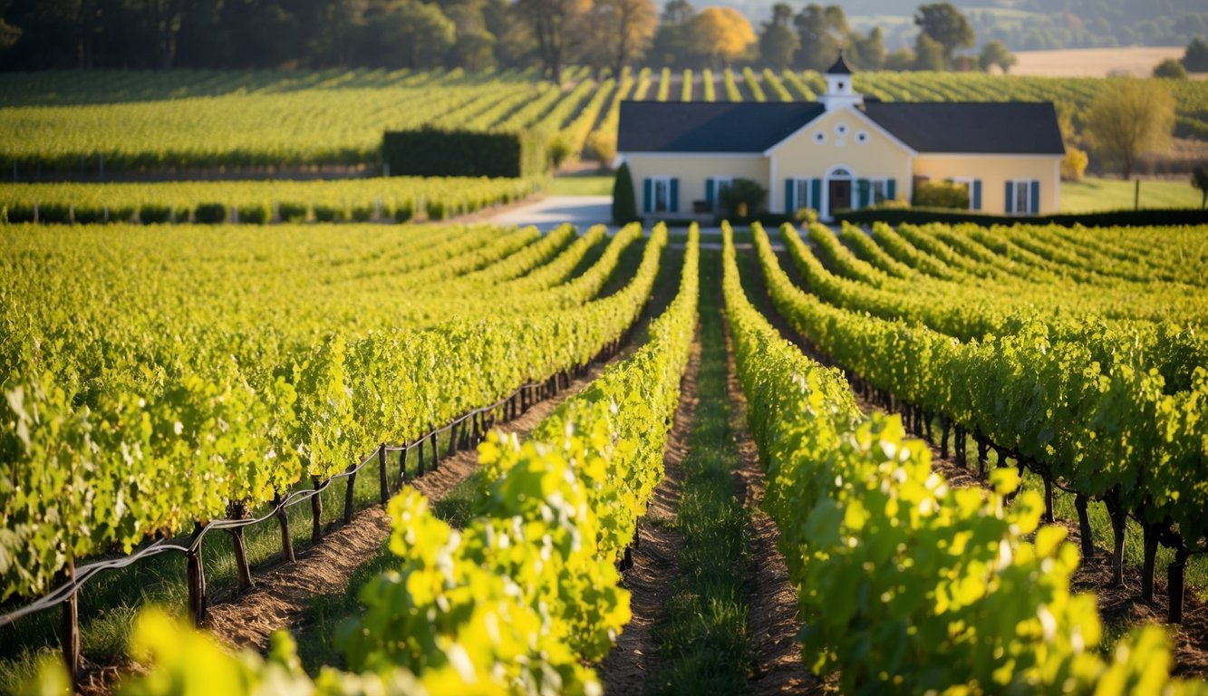 A sunny vineyard with rows of grapevines stretching into the distance, a charming winery building in the background