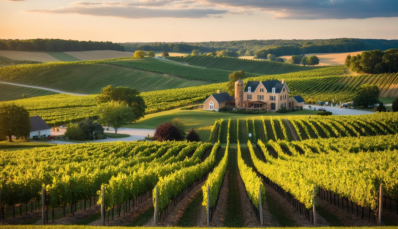 Rolling hills, vineyards, and quaint wineries dot the Indiana countryside. Visitors sample wines and enjoy picturesque views on guided tours through the state's wine regions