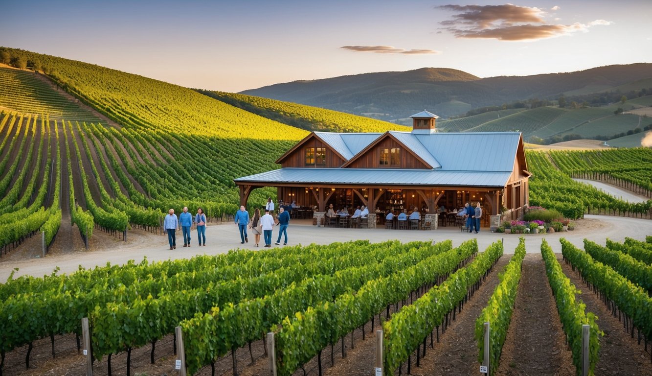 Rolling hills of vineyards surround a rustic winery with a charming tasting room. Guests stroll through the scenic landscape, sipping wine and learning about the winemaking process