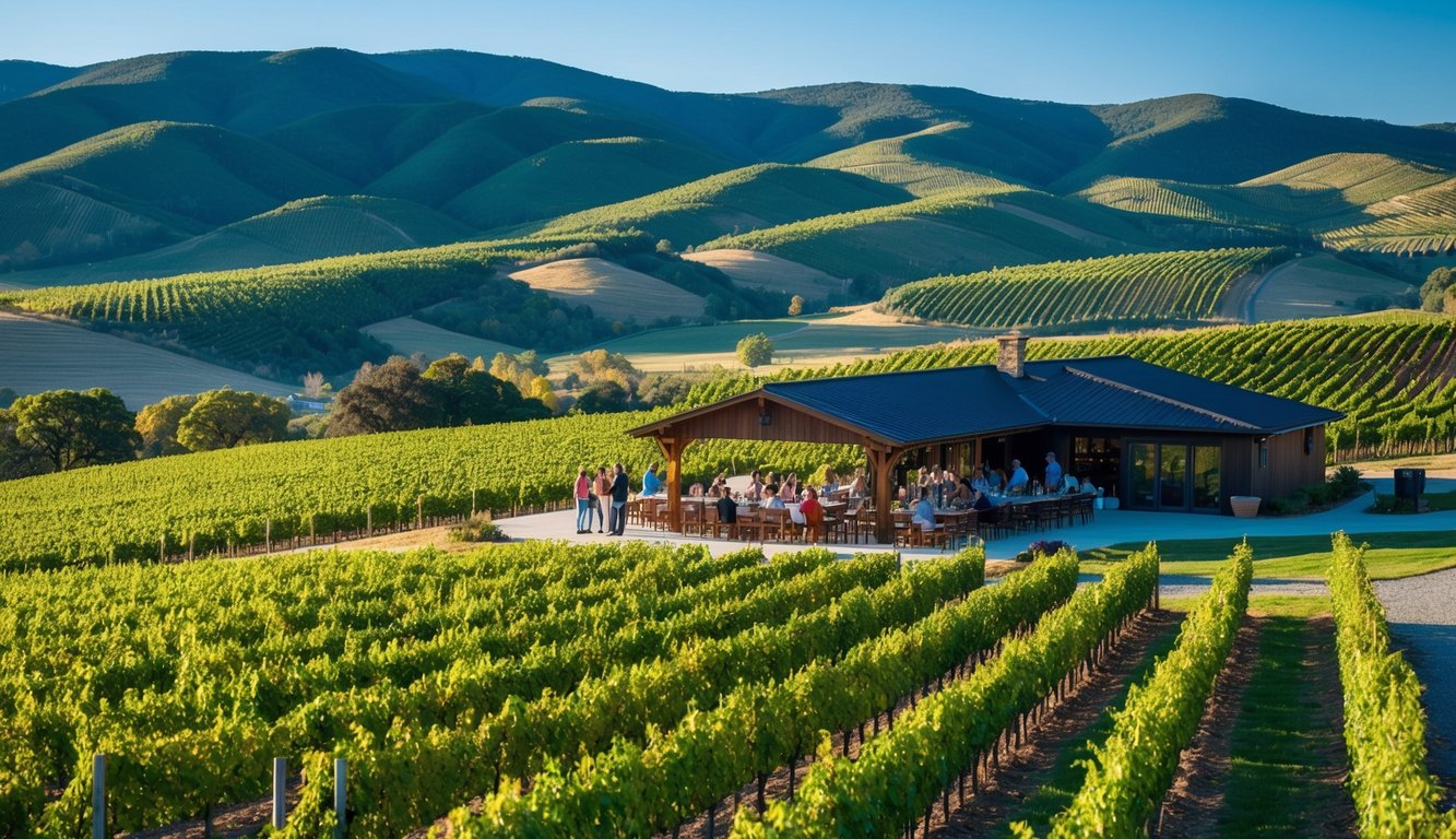 Rolling hills of vineyards stretch under a blue sky. A rustic winery overlooks the landscape, with a tour group sampling wine on the patio