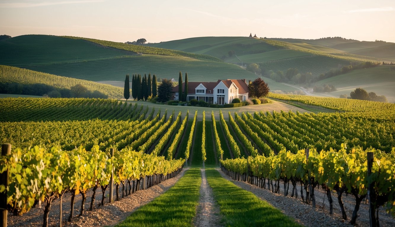 Vineyard landscape with rolling hills, rows of grapevines, and a charming winery nestled among the greenery