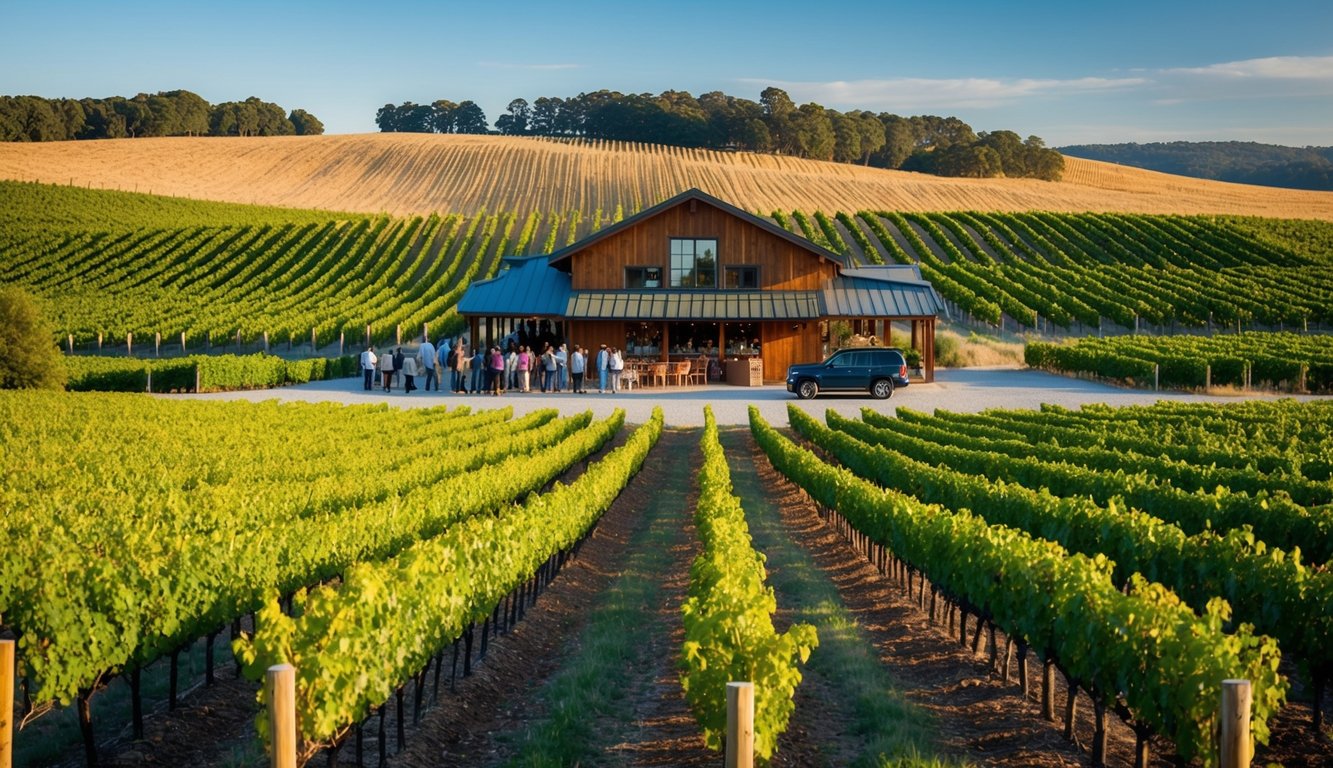 Rolling vineyard hills with rows of grapevines, a rustic tasting room, and a tour group sampling local wines