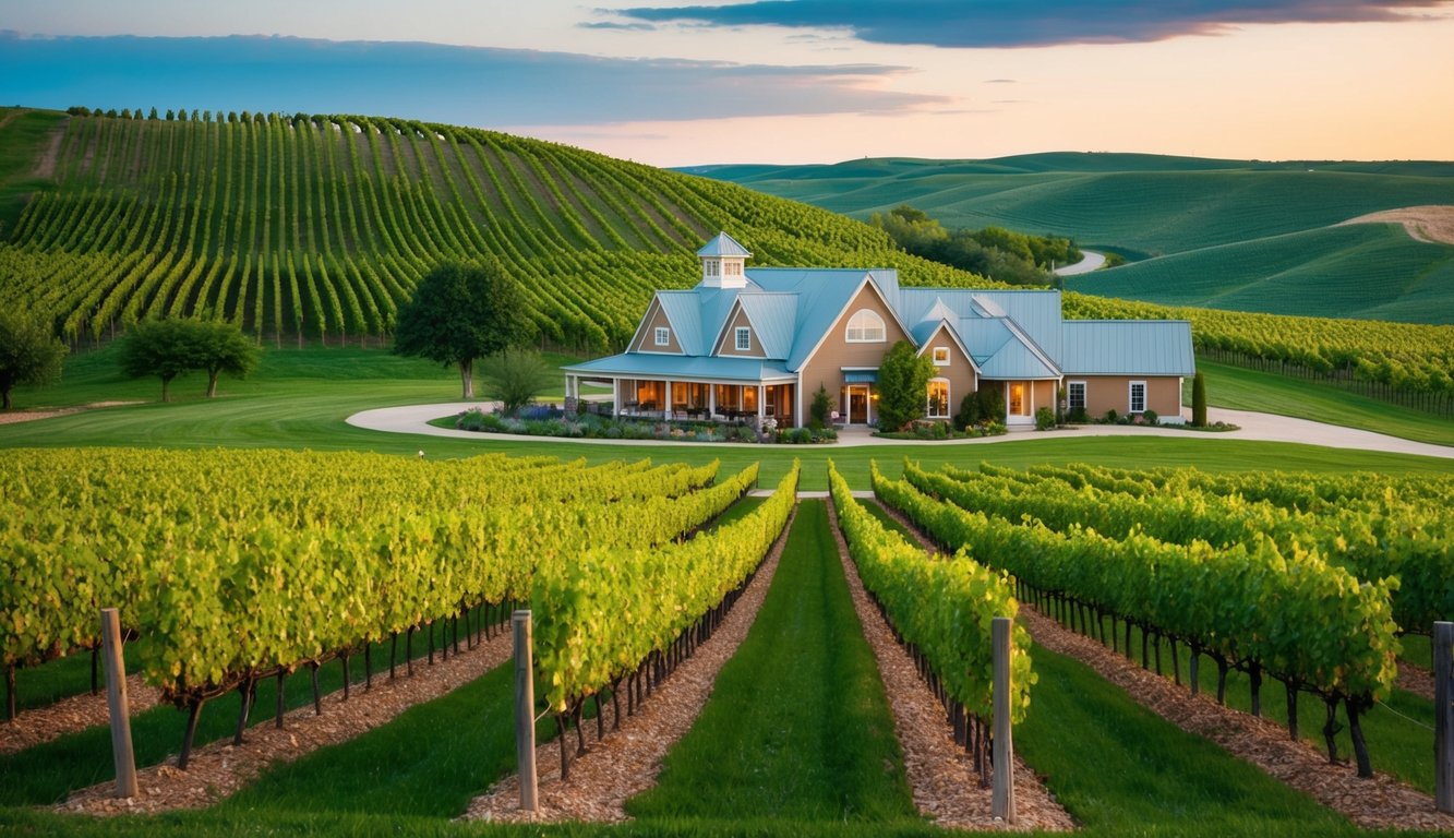 A picturesque vineyard with rolling hills, lush grapevines, and a charming winery building nestled in the Kansas countryside