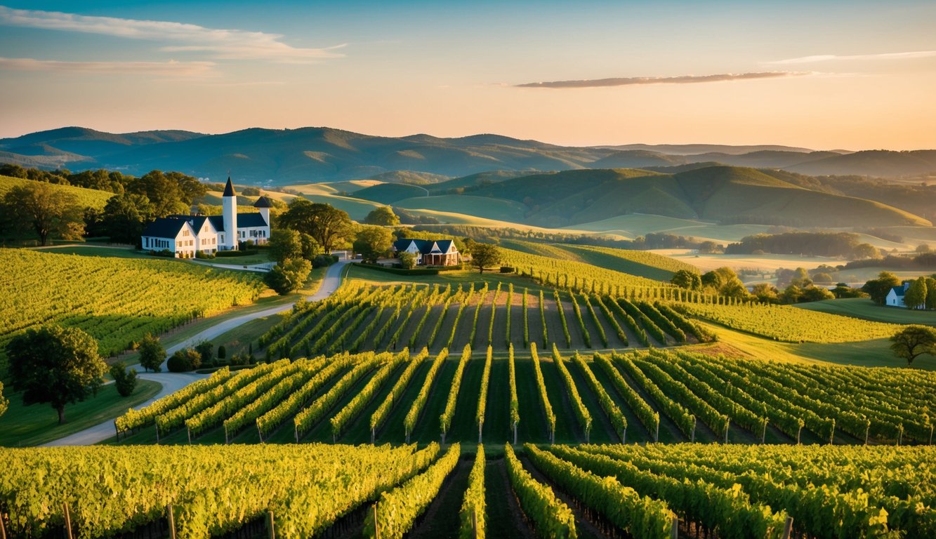 Rolling hills and vineyards stretch as far as the eye can see, with charming wineries nestled among the landscape. A warm Kentucky sun bathes the scene in golden light, inviting visitors to explore and savor the region's finest wines