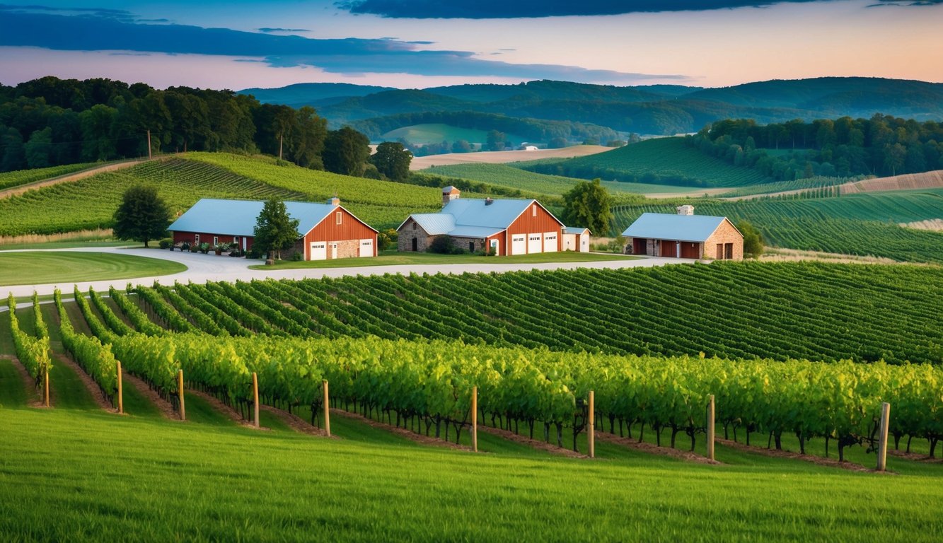 Rolling hills, lush vineyards, and rustic wineries set against a backdrop of bluegrass fields in Kentucky