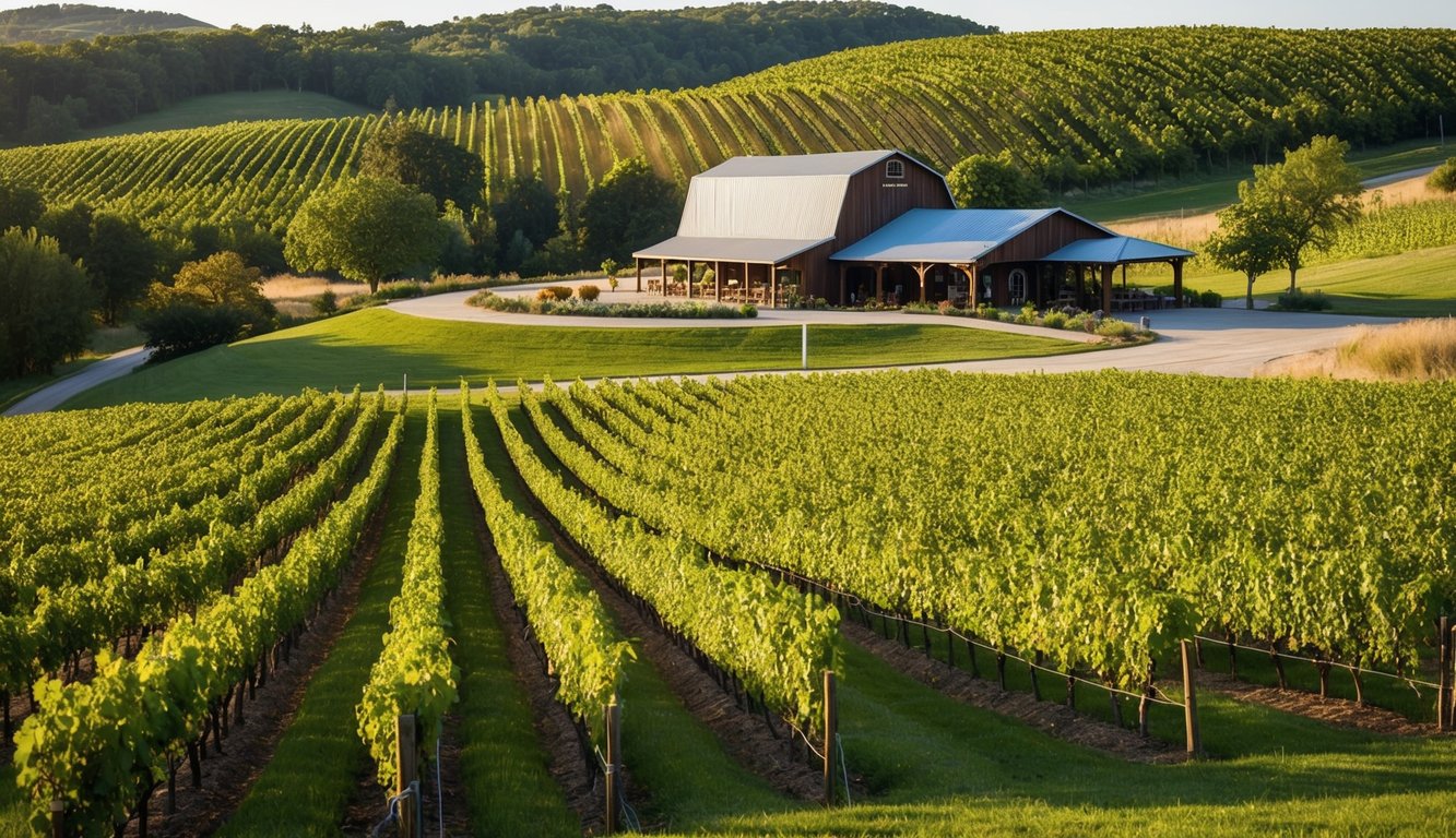 Rolling hills with rows of grapevines, a rustic barn, and a tasting pavilion surrounded by lush greenery at Fidelity Hill Harvest & Tasting in Kansas