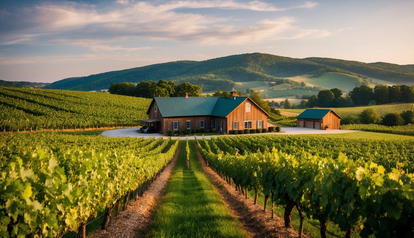 Vineyard with rolling hills, grapevines, and a rustic winery building nestled in the countryside of Kentucky