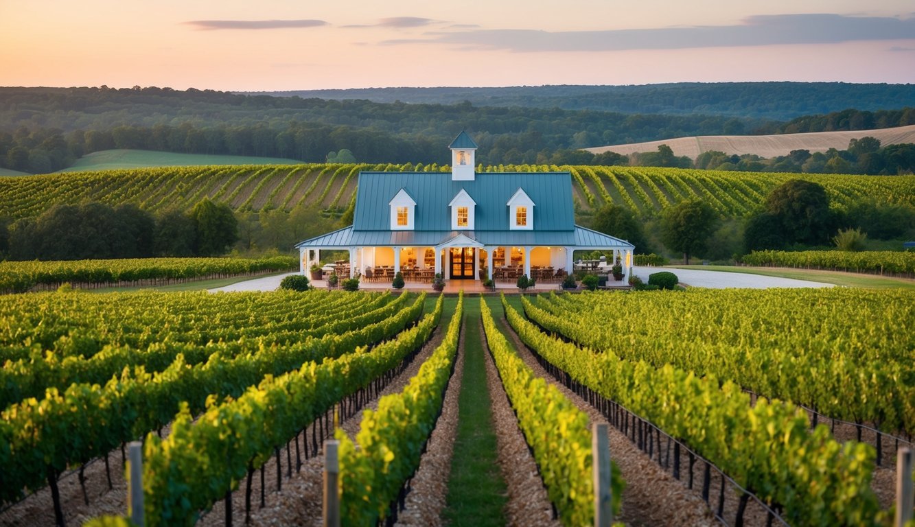 Vineyard in Louisiana with rows of grapevines, a charming tasting room, and a scenic backdrop of rolling hills