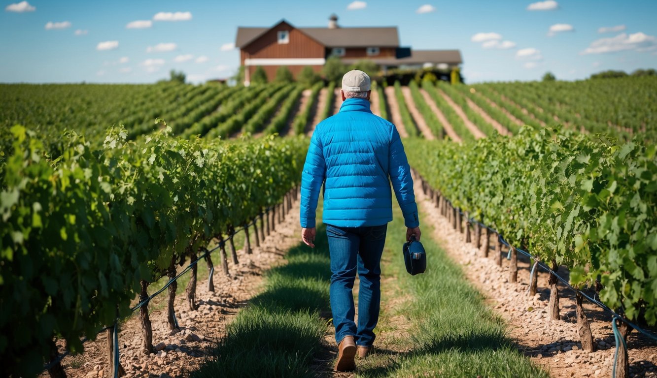 A blue-jacketed figure strolls through lush Kansas vineyards on a sunny day, surrounded by rows of grapevines and a rustic winery in the background