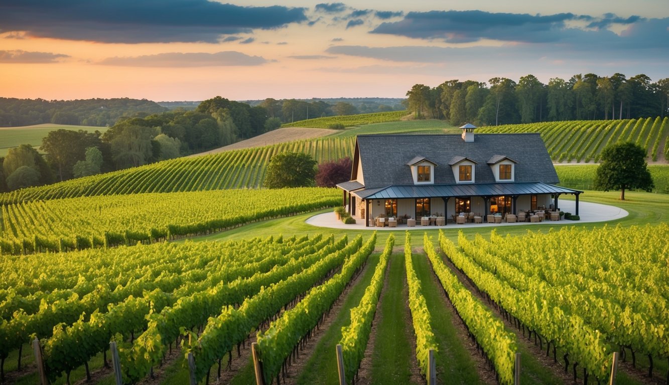 Lush vineyard with rows of grapevines, rolling hills, and a charming tasting room nestled in the Louisiana countryside