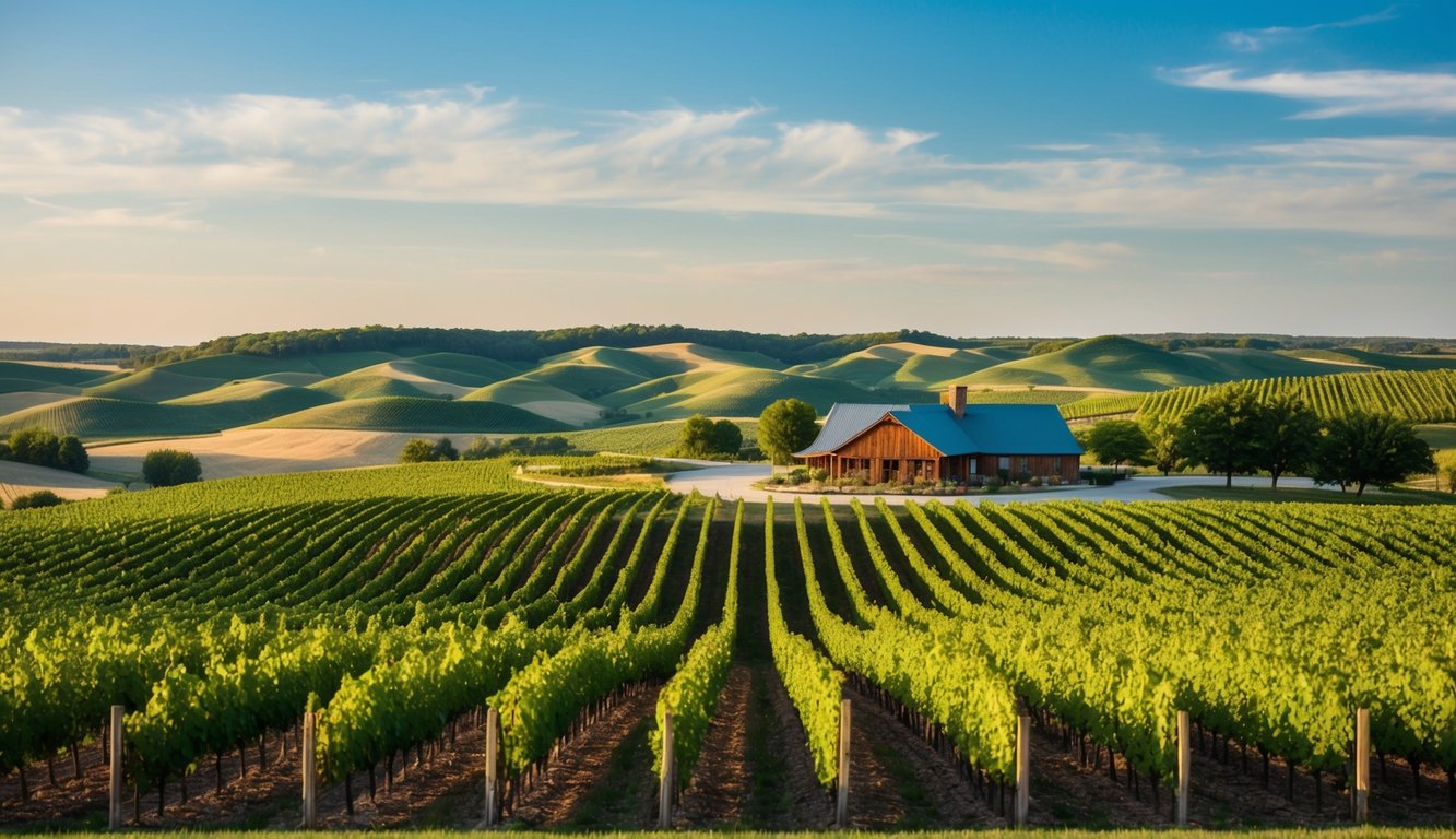 Rolling hills of Kansas vineyards, with rows of grapevines stretching into the distance. A rustic winery sits nestled among the fields, welcoming visitors for wine tours