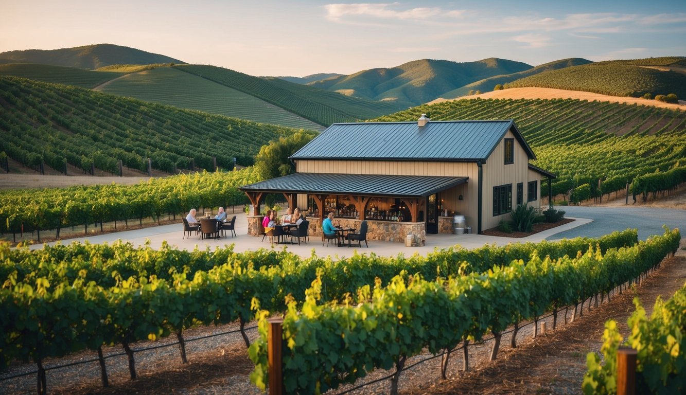 Rolling hills surround a quaint winery. Grapevines cover the landscape, leading to a rustic tasting room. Guests enjoy sipping wine on the outdoor patio