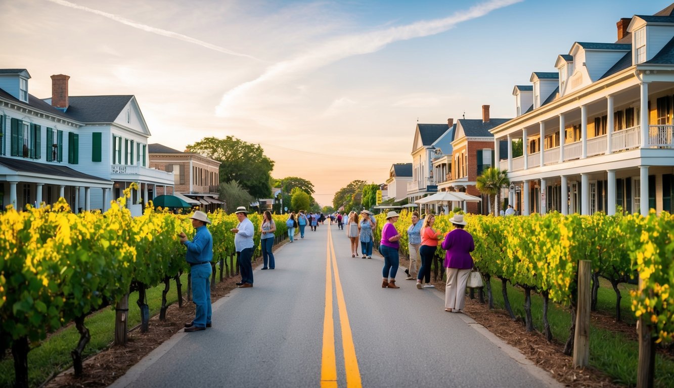 A charming street lined with historic buildings and lush vineyards, with tourists enjoying wine tastings and guided tours in Natchitoches, Louisiana