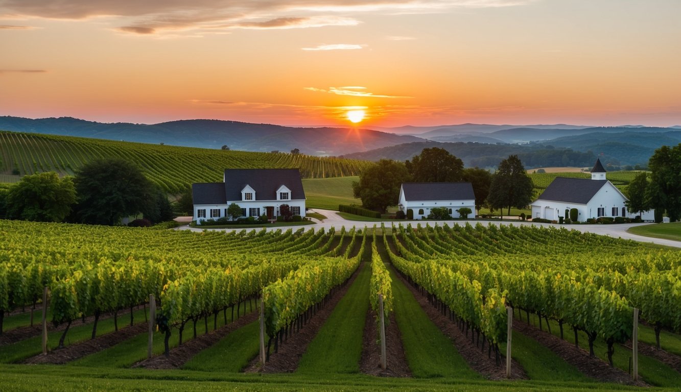 Rolling hills, lush vineyards, and charming wineries line the scenic countryside wine trails of Kentucky. The sun sets behind the horizon, casting a warm glow over the picturesque landscape