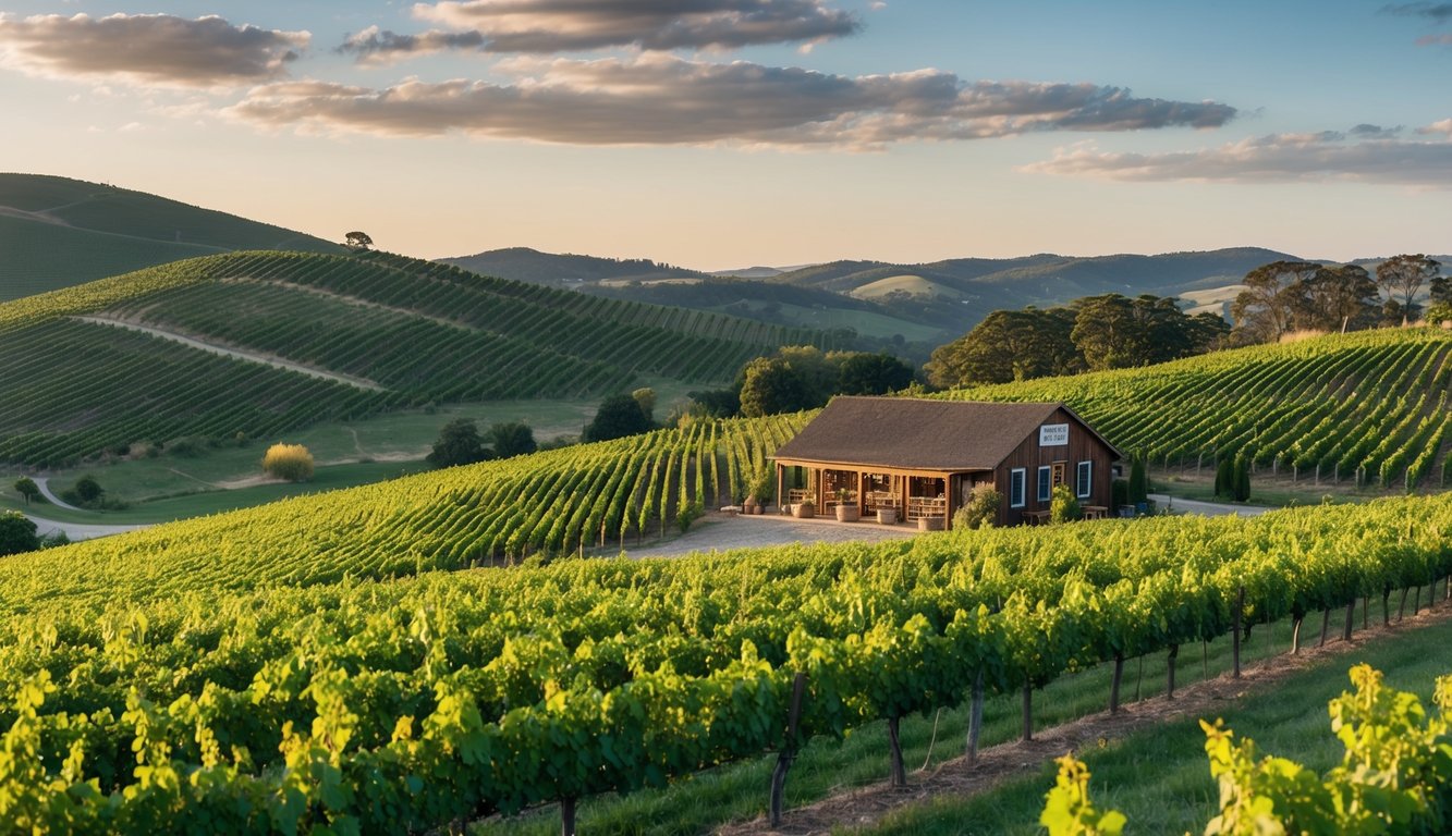 Vineyard landscape with rolling hills, rows of grapevines, and a rustic tasting room surrounded by lush greenery