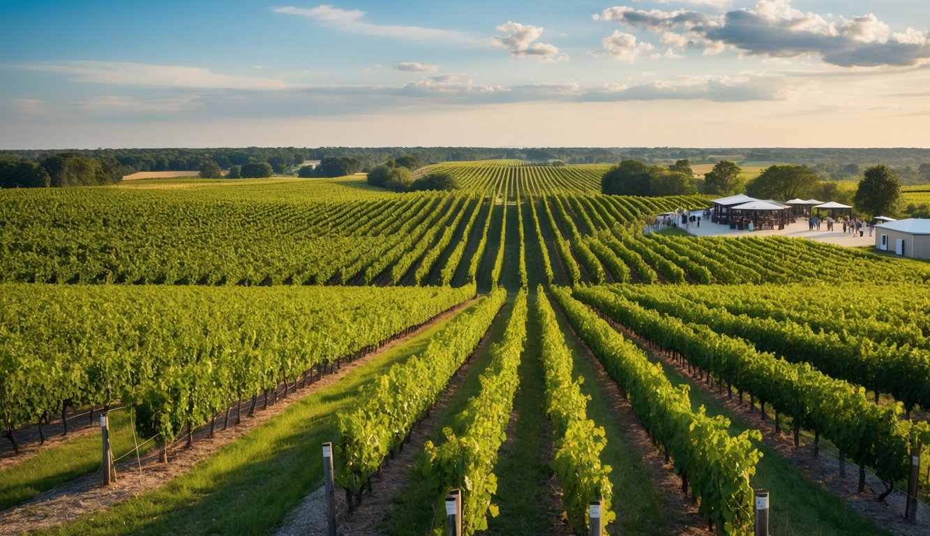 Vineyards sprawl across the Louisiana countryside, with rows of lush grapevines stretching toward the horizon. Visitors wander through tasting rooms, sampling the rich, flavorful wines produced in the region