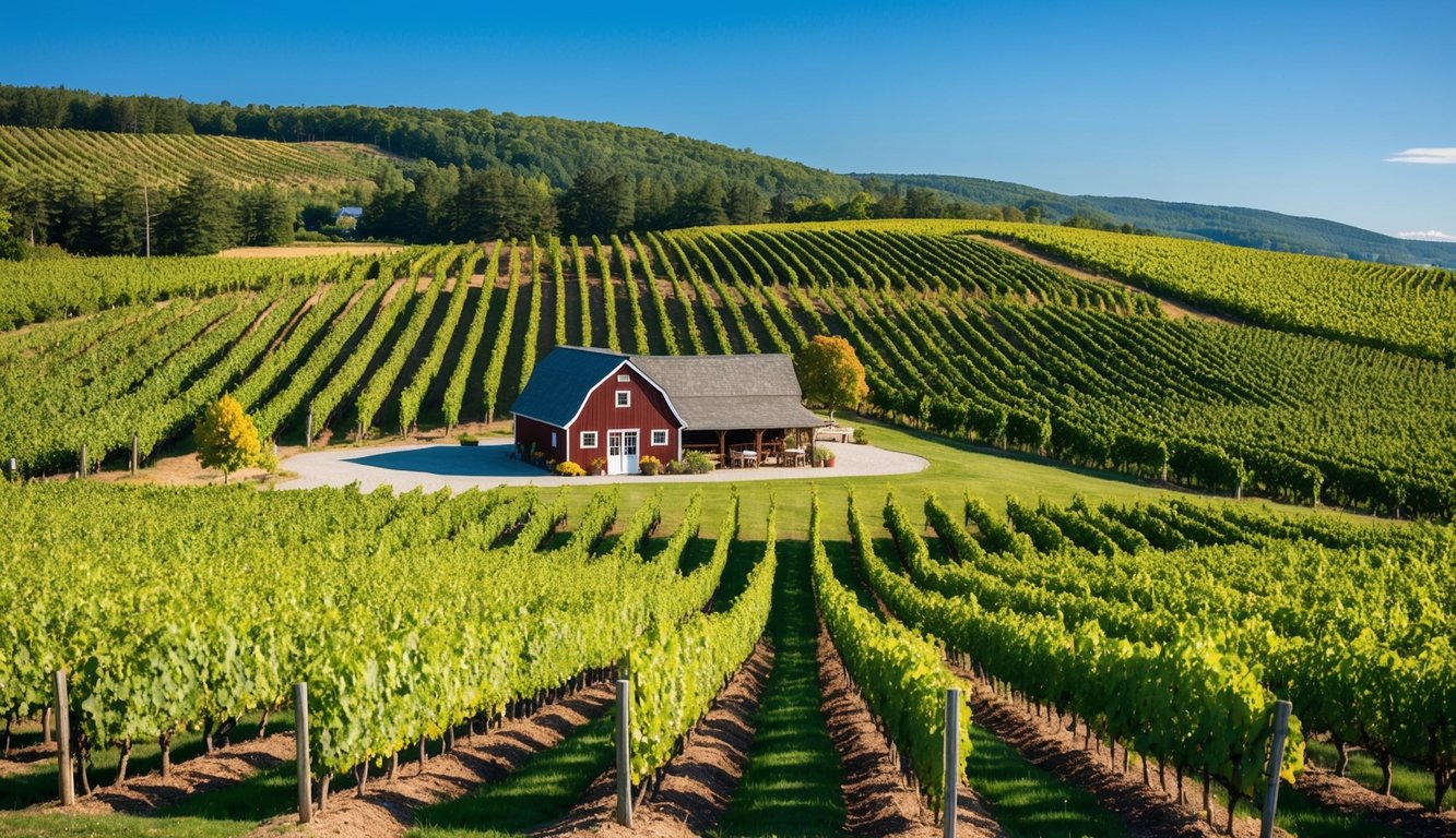 Rolling hills of vineyards under a clear blue sky, with rows of grapevines stretching into the distance. A rustic barn and tasting room sit nestled among the vines, inviting visitors to enjoy wine tours in Maine