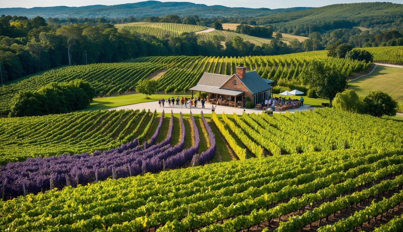 Rolling vineyard hills with rows of unique grape varietals, a rustic winery nestled among the lush greenery, and a group of visitors enjoying a wine tour in Louisiana