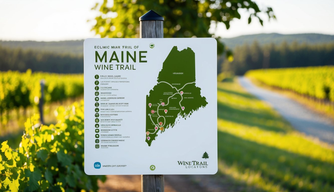 A scenic wine trail map of Maine with vineyard locations and tour routes